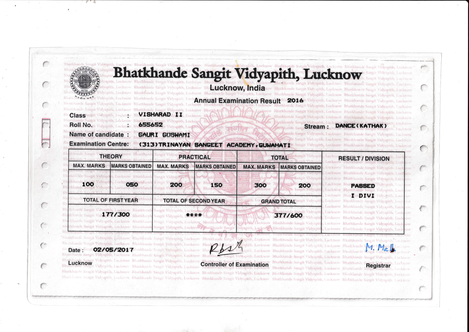 Bhatkhande Sangit Vidyapith Kathak Visharad II Certificate