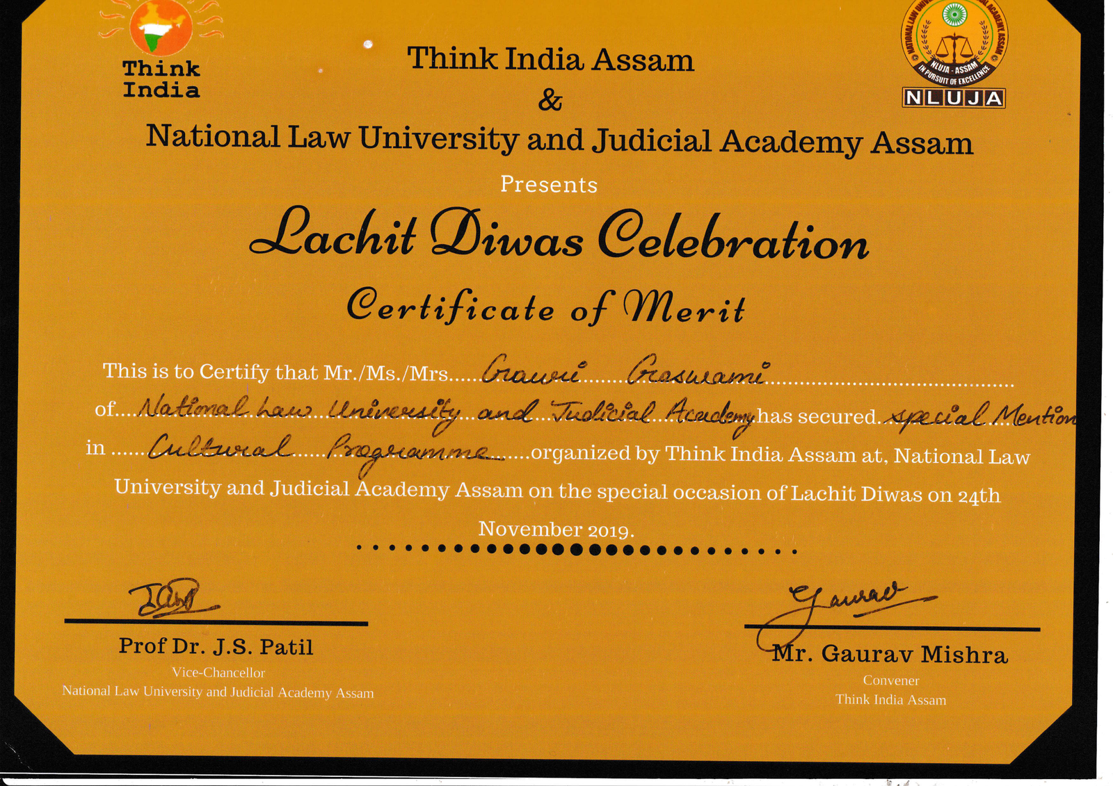 Lachit Diwas Certificate of Merit NLUJA Assam