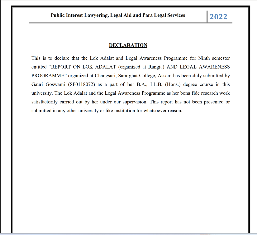 Declaration Certificate — Lok Adalat & Legal Awareness Programme 2022 | NLU Assam