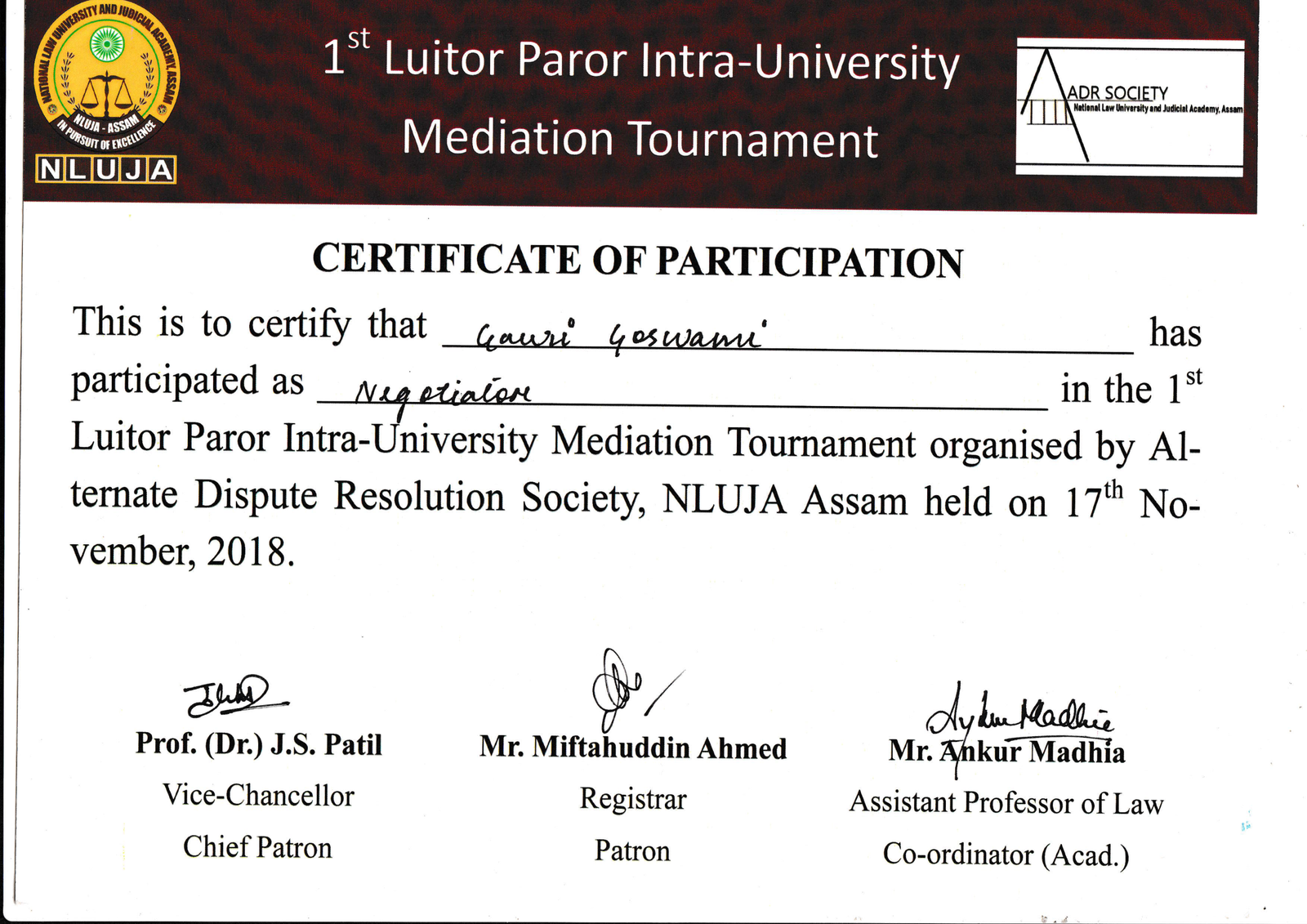 1st Luitor Paror Intra-University Mediation Tournament Certificate NLUJA Assam
